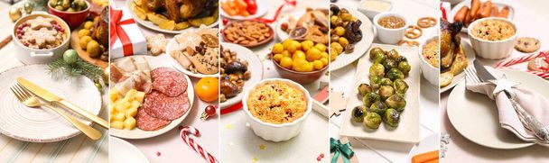 Kollázs ízletes ételek és asztali beállítások karácsonyi vacsora - Fotó, kép