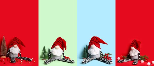 Collage of cute Christmas gnome with decorations on color background - Photo, Image