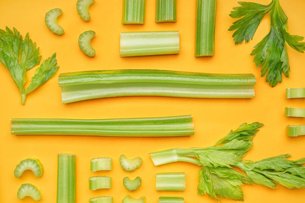 Composition with fresh celery on color background - Photo, Image