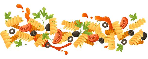 Klaar om te eten Italiaanse pasta fusilli keuken nietjes met olijven kruiden en tomaten vector illustratie op witte achtergrond. - Vector, afbeelding