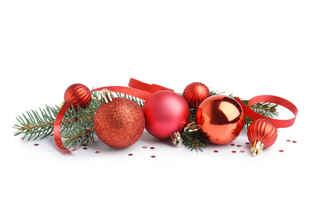 Beautiful Christmas balls and fir branches on white background - Photo, Image