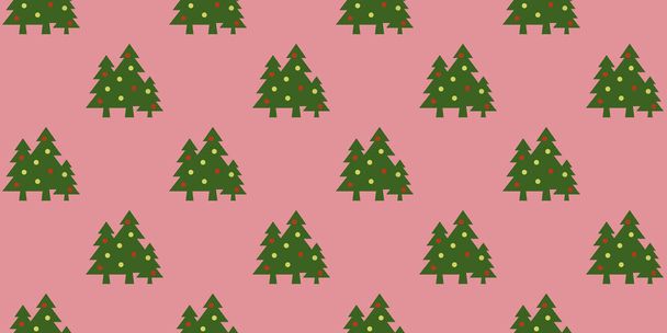 Muster. Bild von grünen Weihnachtsbäumen mit Kugeln auf lila-rotem Hintergrund. Symbol für Neujahr und Weihnachten. Vorlage zum Auflegen auf der Oberfläche. Banner zum Einfügen in das site.3d Bild. 3D-Darstellung - Foto, Bild