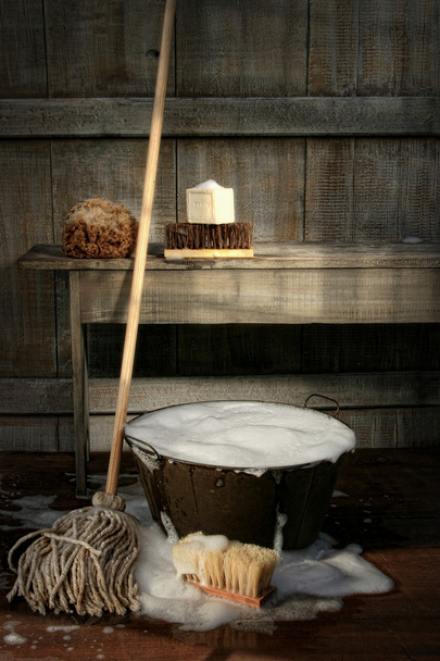 Old wash bucket with mop and brushes - Photo, Image