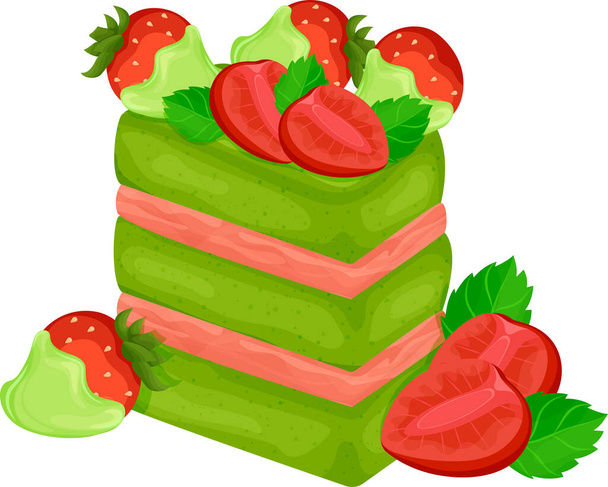 Κέικ μάτσα με κρέμα φράουλας, φράουλες και φύλλα πράσινου τσαγιού για διακόσμηση, φράουλες καλυμμένες με σοκολάτα, επιδόρπιο με πράσινο τσάι, επιδόρπια, κλιπ φαγητού - Διάνυσμα, εικόνα
