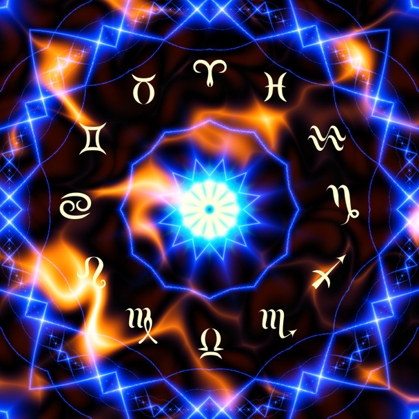 Magický kruh se znakem zvěrokruhu na abstraktním černém pozadí. Zvěrokruh - Fotografie, Obrázek