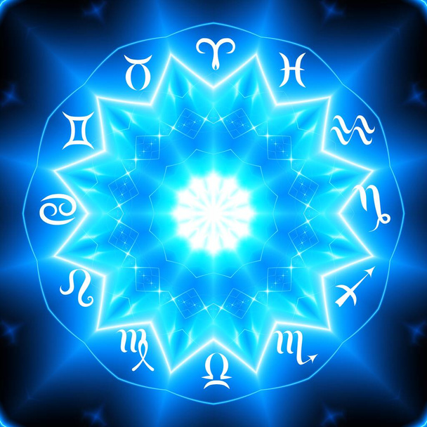 Волшебный круг с знаком зодиака на абстрактном синем фоне. Зодиакальный круг - Фото, изображение