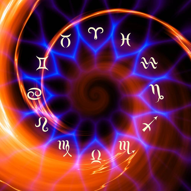 Magic circle with zodiacs sign on abstract black background. Zodiac circle - Photo, Image
