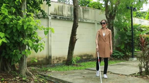 Blinde Aziatische vrouw heeft frisse lucht en ozon nodig van planten. Loopt langzaam op de stoep in het park met behulp van wandelstok voor ontspannen lopen. In een tuin in het dorp waar de lucht fris is - Video