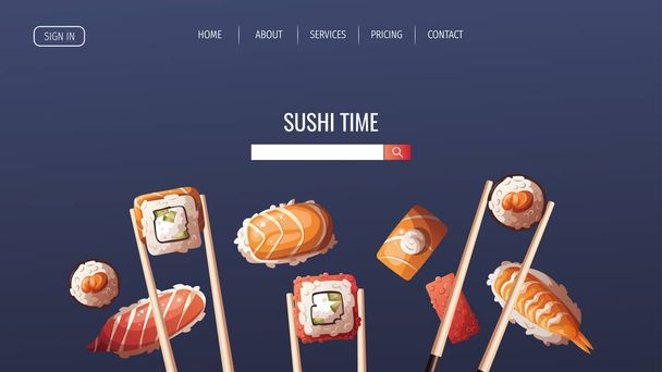 Сайт японской кухни с суши онигири и раменным супом. Японская еда, здоровое питание, приготовление пищи, меню, концепция питания. Векторная иллюстрация. - Вектор,изображение