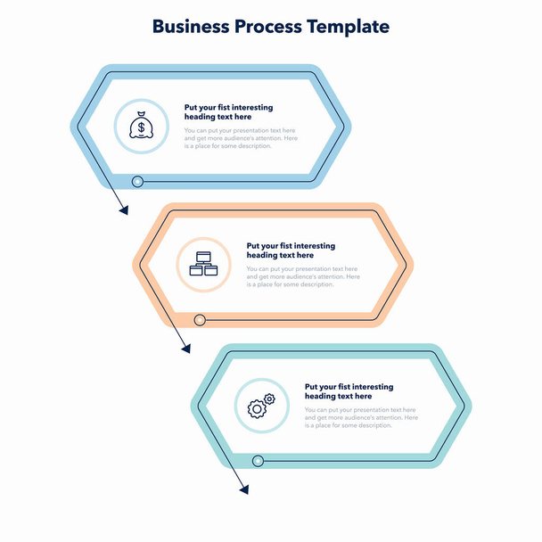 Infographic για την επιχειρηματική διαδικασία με τρία πολύχρωμα στάδια. Απλό επίπεδο πρότυπο για οπτικοποίηση δεδομένων. - Διάνυσμα, εικόνα