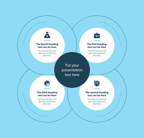 Eenvoudige business process template met vier fasen - blauwe versie. Platte infografische vormgeving. - Vector, afbeelding