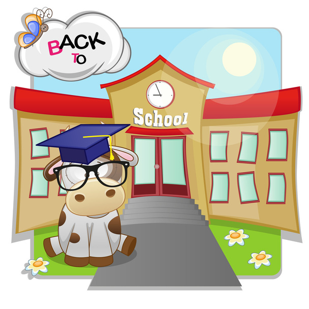 Kreslený kráva a škola - Vektor, obrázek