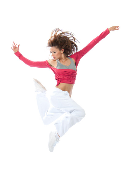 Modern slim hip-hop style woman dancer jumping and dancing - 写真・画像