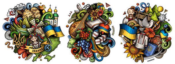Ukraine cartoon raster doodle designs set. Colorful detailed compositions with lot of ukrainian objects and symbols. - Photo, Image