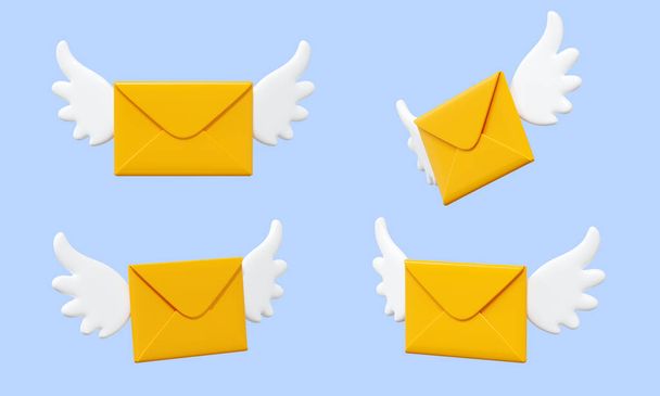 Flying letter with wings 3d render illustration set. Cartoon winged paper yellow envelope for fast delivery of newsletter concept. Incoming email or message isolated icon. - Photo, Image