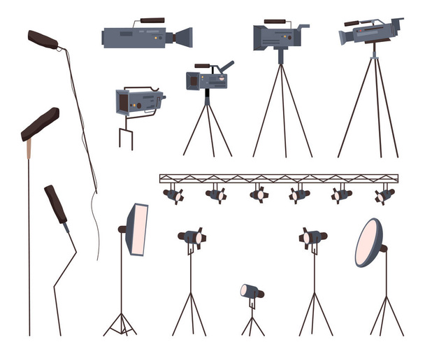 Broadcasting icons set. Video and photo cameras, spotlights and lighting equipment, microphones, film production and cinematography professional multimedia equipment, flash lights and tripods, vector - Vector, Image