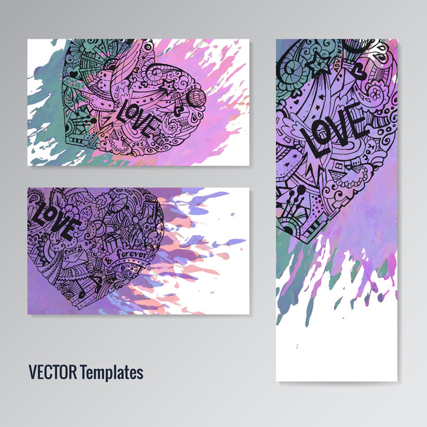 Card template set. Doodle hearts. Paint splash. Handdrawn youth style - Διάνυσμα, εικόνα
