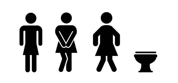 Komik çizgi film çöp adam figürleri, stickman ve tuvalet logosu. Tuvalet ya da tuvalet, koşan erkek ya da kadının işemesi için. İnsan tuvaletleri. Vektör clipart WC pictogram. İnsan kadın tuvalet ikonu.  - Vektör, Görsel