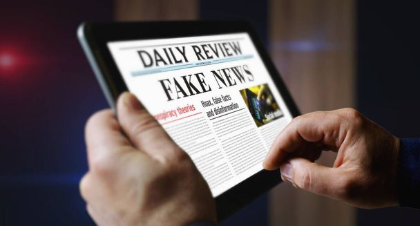 Fake news, conspiracy theory, hoax and disinformation daily newspaper reading on mobile tablet computer screen. Man touch screen with headlines news abstract concept 3d illustration. - Photo, Image
