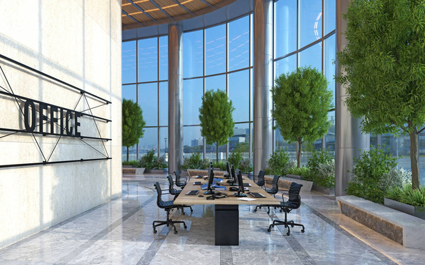 Modern iroda nyitott terekkel. 3D Render - Fotó, kép