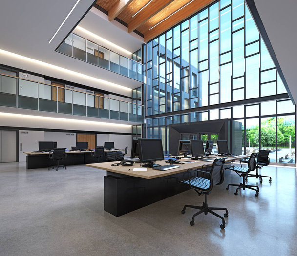 Modern iroda nyitott terekkel. 3D Render - Fotó, kép