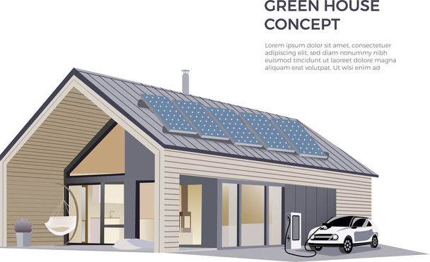 Σύγχρονη Eco Private House με ηλιακούς συλλέκτες ενέργειας, ηλεκτρικό αυτοκίνητο κοντά στο σταθμό φόρτισης, Ανανεώσιμες Πηγές Ενέργειας. Οικολογικό μοντέρνο σπίτι. Επίπεδη ισομετρική απεικόνιση διανύσματος. - Διάνυσμα, εικόνα