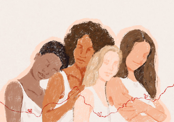 Cztery piękne abstrakcyjne dziewczyny różnych narodowości są związane czerwoną nitką. Każda dziewczyna odpoczywa na następnej. Koncepcja jedności, wsparcia kobiet i dobrobytu. Wzmocnienie pozycji kobiet - Zdjęcie, obraz