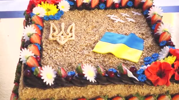 Gâteau avec drapeau ukrainien. Faire un gâteau pâtissier à la main. Faire un gâteau à la main - Séquence, vidéo
