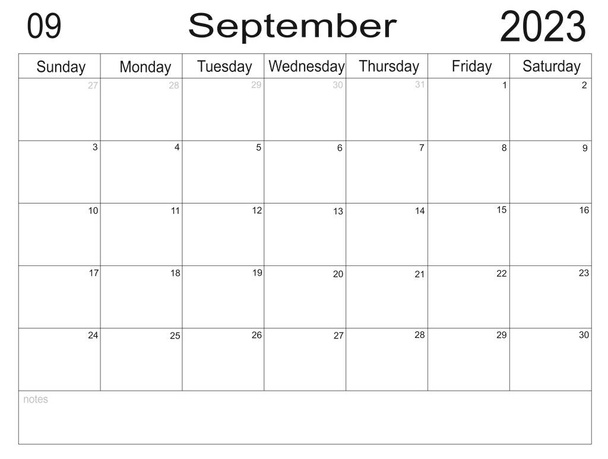 Planner for September 2023. Schedule month. Monthly calendar. Organizer for September 2023. Business plan. Monthly organizer. Calendar 2023. Sunday start. To do list for month. Empty cells of planner - Photo, Image