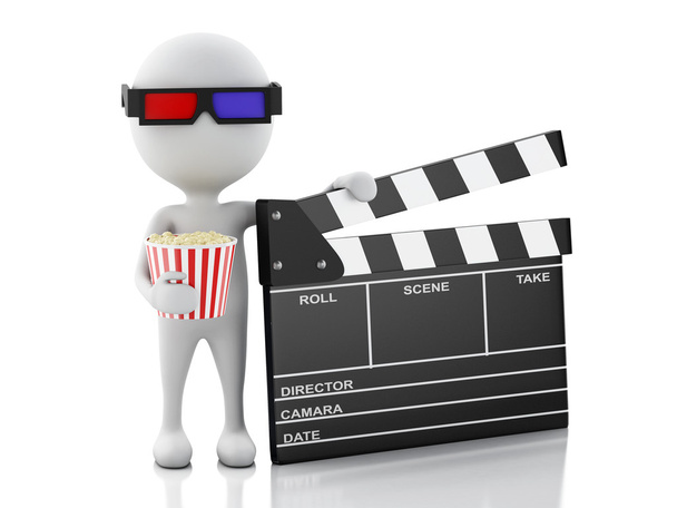 3d white man with clapper board and popcorn. - Fotoğraf, Görsel