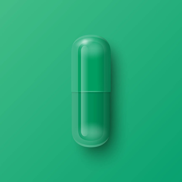 Vector 3d Realistic Green Pharmaceutical Medical Pill, Capsule, Tablet on Green Background. Front View. Herbal Medicine Concept. - ベクター画像