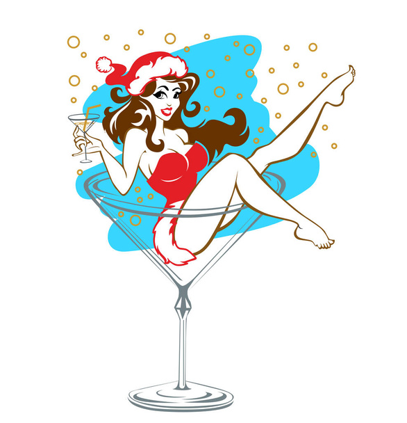 Belle fille Santa siège dans un grand verre à cocktail entouré de bulles de champagne et tient un verre dans sa main. Épingler vecteur de dessin animé sur fond transparent - Vecteur, image