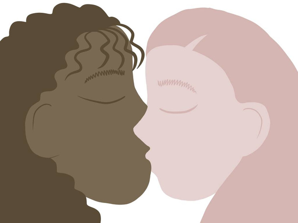 horizontale Illustration. ein wunderschöner Kuss zweier hübscher Lesben unterschiedlicher Nationalitäten. Ein Mädchen afrikanischen Aussehens und ein Mädchen europäischen Aussehens küssen sich sanft und schließen ihre Augen vor weißem Hintergrund. glücklicher Valentinstag, intimer Rahmen - Foto, Bild
