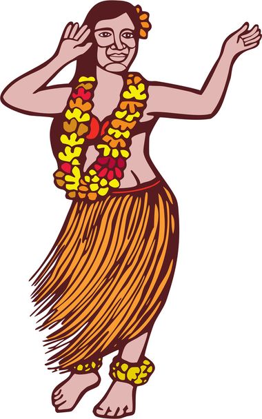 Polynesian Dancer Grass Skirt Linocut - Vektör, Görsel