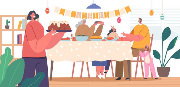 Glückliche Familiencharaktere Mutter, Vater, Oma und Kinder beim Osteressen am Tisch. Menschen essen Essen und reden, fröhliche Eltern und Kinder ein festliches Mittagessen. Zeichentrickvektorillustration - Vektor, Bild