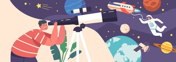 Space Observation Hobby, Curious Boy Look In Telescope, Child Stuying Astronomy Science Watching on Moon, Stars Planets in Sky With Milky Way, Shuttle and Astronaut. Cartoon Vector Illustration - Вектор, зображення