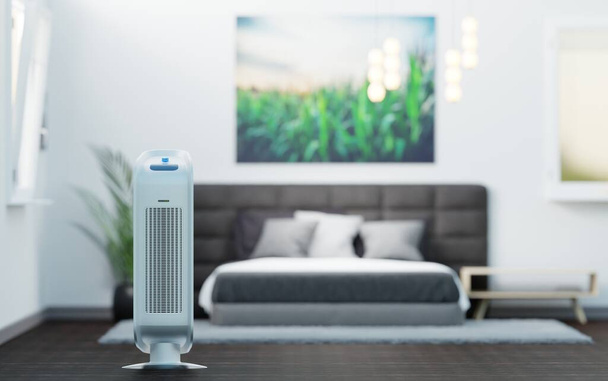 Air purifier on the background of the room, bedroom. The concept of health protection, taking care of clean air. 3d rendering, 3d illustration. - Photo, Image