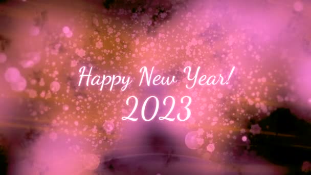 Gelukkig Nieuwjaar 2023 inscriptie. Beweging. Prachtige feestelijke animatie met inscriptie gelukkig nieuwjaar in 2023. Gelukkig Nieuwjaar op achtergrond van heldere vlekken en bellen.  - Video