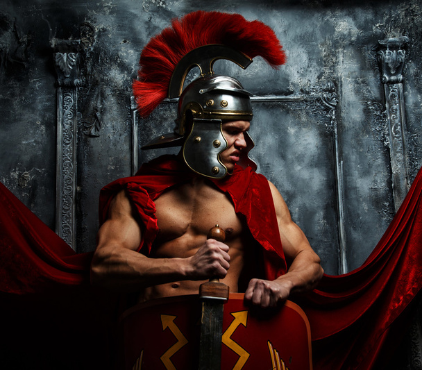 Muscular warrior holds shield and sword - Photo, Image