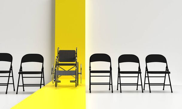 καρέκλα και αναπηρική καρέκλα μαύρο χρώμα κίτρινο πορτοκαλί λευκό φόντο ταπετσαρία διαφορά σύμβολο διακόσμηση στολίδι αναπηρία διεθνή Δεκέμβριο μήνα περίθαλψη περίθαλψη νοσοκομείο ιατρική αναπηρία  - Φωτογραφία, εικόνα