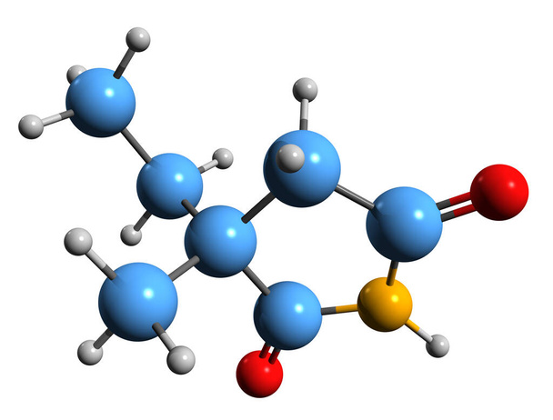  Ethosuximide骨格式の3D画像-白い背景に単離された抗発作薬の分子化学構造 - 写真・画像