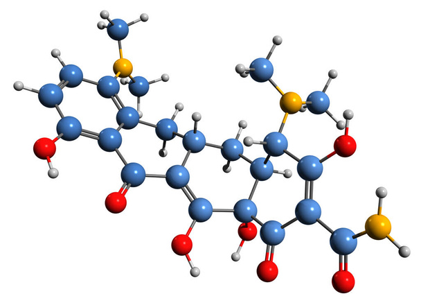  Obraz 3D formuły szkieletowej Minocykliny - molekularna struktura chemiczna antybiotyku tetracykliny izolowanego na białym tle - Zdjęcie, obraz