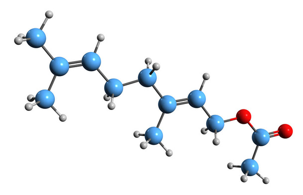  3D-Aufnahme der Skelettformel von Nerylacetat - molekulare chemische Struktur von cis-Geranyl-Acetat isoliert auf weißem Hintergrund - Foto, Bild