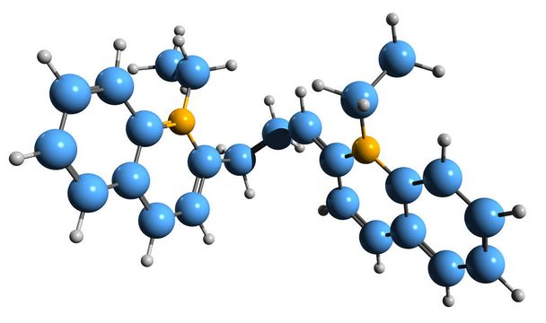  3D-beeld van Pinacyanol skeletformule - moleculaire chemische structuur van Quinaldine blauw geïsoleerd op witte achtergrond - Foto, afbeelding