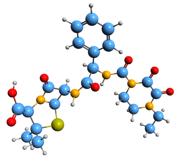  Image 3D de la formule squelettique de la pipéracilline - structure chimique moléculaire d'un antibiotique bêta-lactame à large spectre isolé sur fond blanc - Photo, image