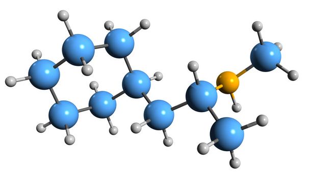  Image 3D de la formule squelettique de la propylhexédrine - structure chimique moléculaire de l'hexahydro-désoxyéphédrine isolée sur fond blanc - Photo, image