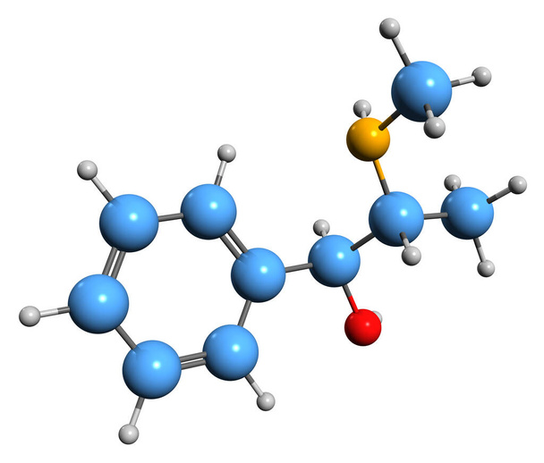  Imagen 3D de la fórmula esquelética de pseudoefedrina - estructura química molecular de la droga simpaticomimética aislada sobre fondo blanco - Foto, imagen