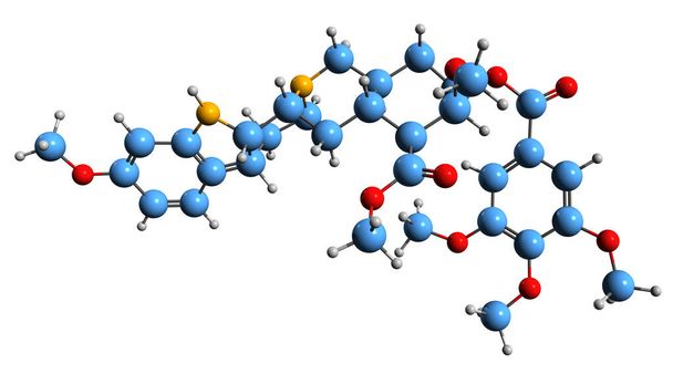  Imagem 3D da fórmula esquelética da Reserpina estrutura química molecular do fitoquímico isolado no fundo branco - Foto, Imagem