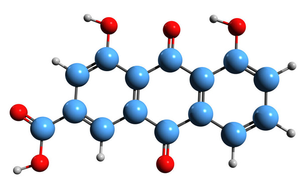  3D зображення скелетної формули Рейна - молекулярна хімічна структура ргубарбного антрахінону, ізольована на білому тлі. - Фото, зображення