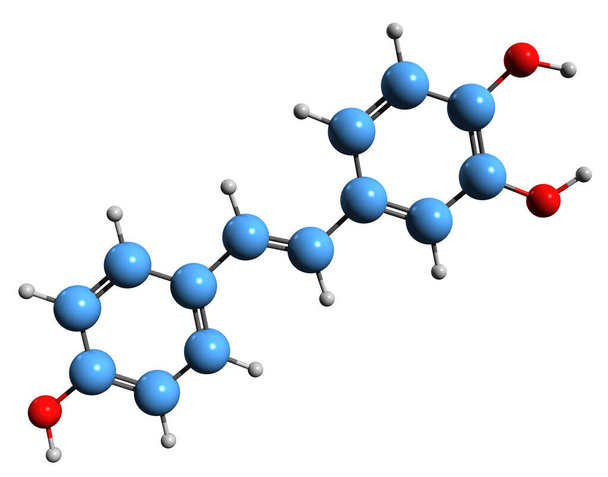  Resveratrol iskelet formülünün 3 boyutlu görüntüsü - beyaz arkaplanda izole edilmiş doğal fenol Stilbenetriol 'ün moleküler kimyasal yapısı - Fotoğraf, Görsel
